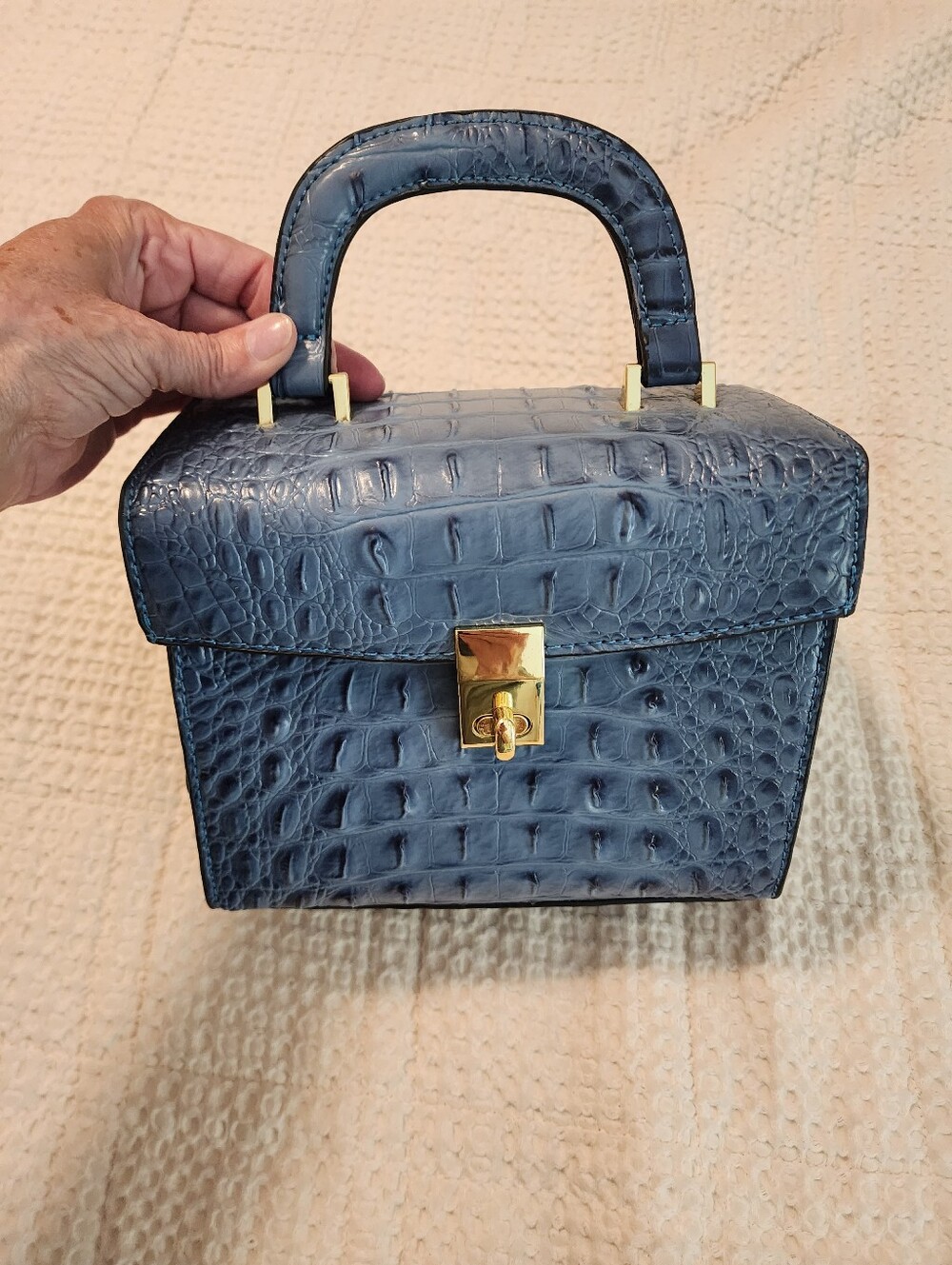 Croc-Embossed Structured Top-Handle Crossbody Purse in Slate Blue